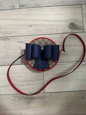 Gucci Red Trim Round Crossbody with Navy Bow